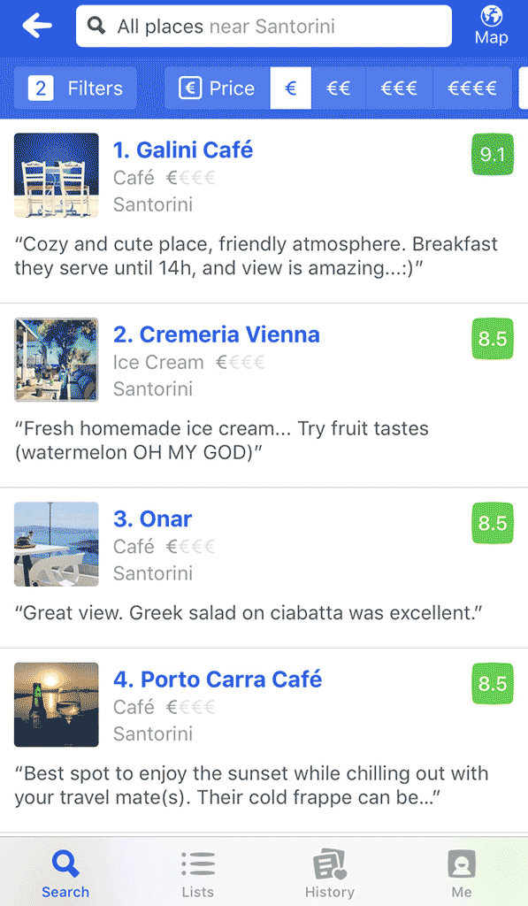 レストラン検索アプリ「FourSquare」の検索結果画面